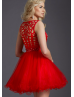 Red Tulle Bateau Neckline Beaded Belt Knee Length Prom Dress